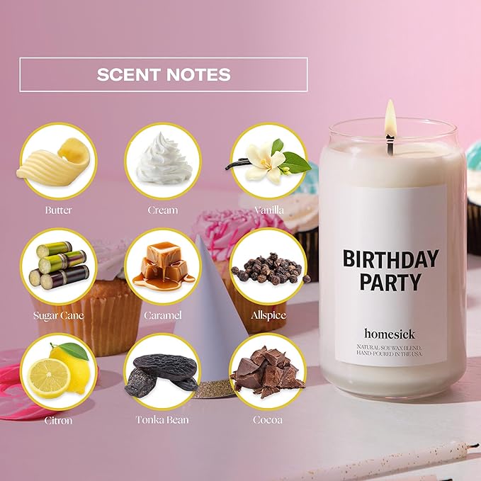 Homesick Scented Candles for Home (Birthday Party) - 13.75 oz Long-Lasting Natural Soy Wax Blend Jar Candle Gifts for Women & Men, 60-80 Hours Burn Time - Notes of Butter, Cream & Vanilla