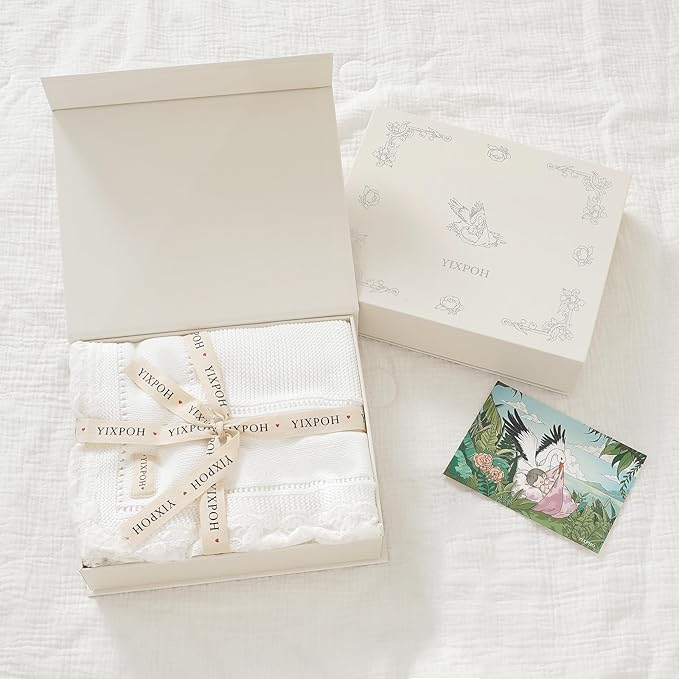 100% Organic Cotton Baby Blanket Knitted Softer Receiving Swaddle Warm Cozy Cuddle Crib Blanket for Newborns Infants Toddlers Boy and Girls White