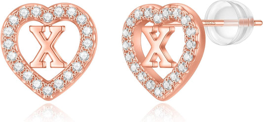Initial Heart Earrings for Girls, Sterling Silver Post Silver/Rose Gold Heart Initial Stud Earrings for Little Girls Kids Baby Earrings Non Tarnish Hypoallergenic Earrings for Teen Girls Gifts Jewelry