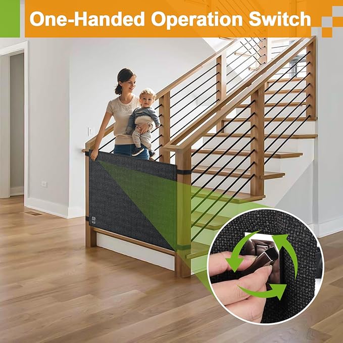 Baby Fabric Gate for Stairs Banisters - Dog and Pet Safety Barrier Gates for Stairway - No Drill Banister to Banister Baby Kids Gates for Stairs (Dark Gray, Wide 48" to 55" Height 34")