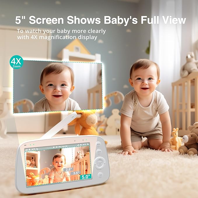 HiPP Baby Monitor, 5" 720P Video Baby Monitor with Pan-Tilt-Zoom Camera, Audio and Visual Monitoring, Infrared Night Vision and Thermal Monitor，2-Way Talk, 900ft Range, 4500mAh Rechargeable Battery