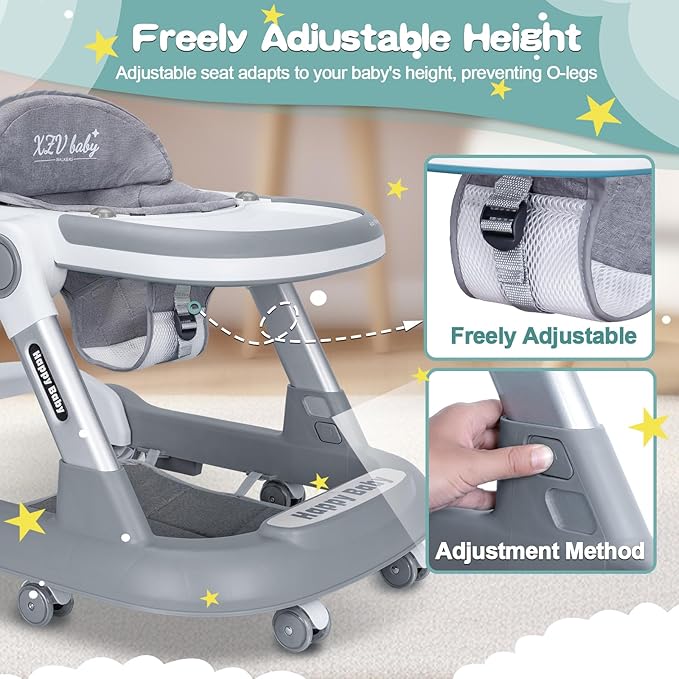 Baby Walker with Wheels 4 in 1 Foldable Activity Center with Mute Wheels Adjustable Heights Anti-Fall Activity Center for Boys Girls Safe Infant Toddler Walker with Footrest for 6-24 Months