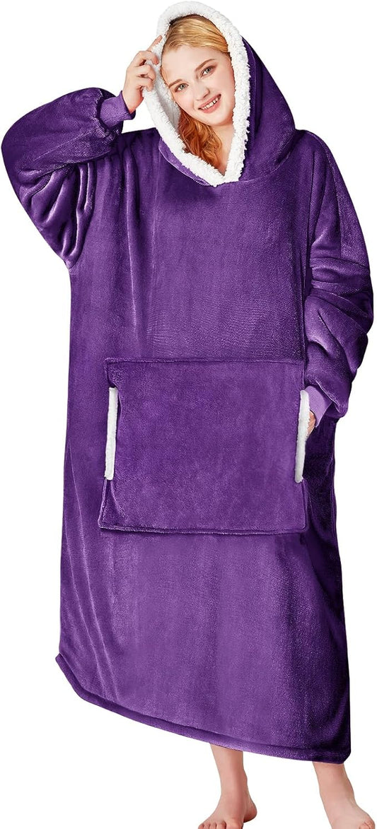 yescool Wearable Blanket Hoodie - birthday gifts for Adults/Women/mom, Flannel Cozy Sherpa Fleece Blanket Sweatshirt with Hood, Pocket & Sleeves, Large, One Size Fits All (Deep Purple)
