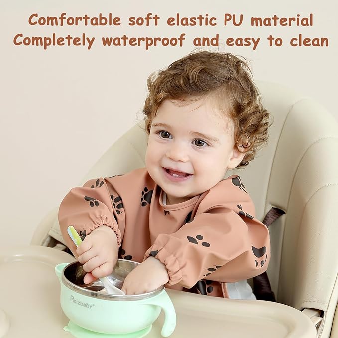 Baby Bib with Long Sleeves Bib & BLW, Machine Washable & Soft and Skin-Friendly Material, Coverall Bibs for Baby Feeding, Waterproof and Easy to Clean, for Baby Infant Toddlers (Orange)