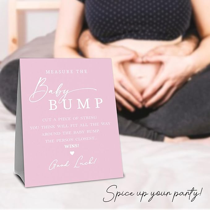 Pink Baby Shower Measure The Baby Bump, Measure Mommy's Belly Game Set - 1 Self-Standing Sign And 50 Tickets - Gender Reveal, Baby Shower, Baby Announcement Activity & Party Favor Supplies - A09