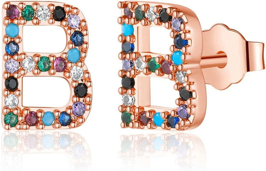 Memorjew Initial Stud Earrings for Women, Hypoallergenic 925 Sterling Silver Post Rainbow Cubic Zirconia Gold Plated 26 Initial Earrings for Women Jewelry Gifts