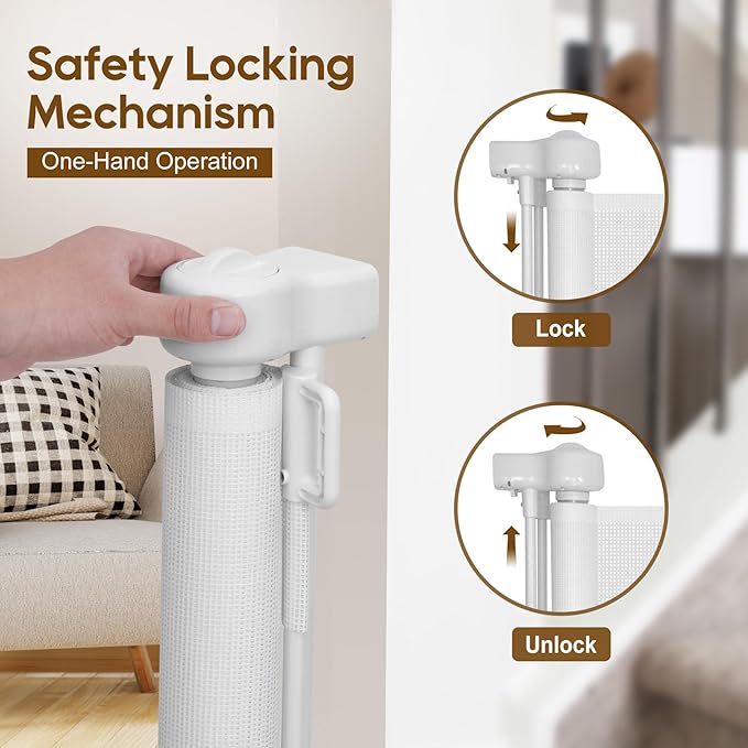 Upgraded 150 inch Retractable Baby Gates Extra Wide with Reinforced Strip Design to Prevent Crawling Through, 34" Tall, 12 FT Wide Retractable Dog Gate, Retractable Gate for Indoor/Outdoor