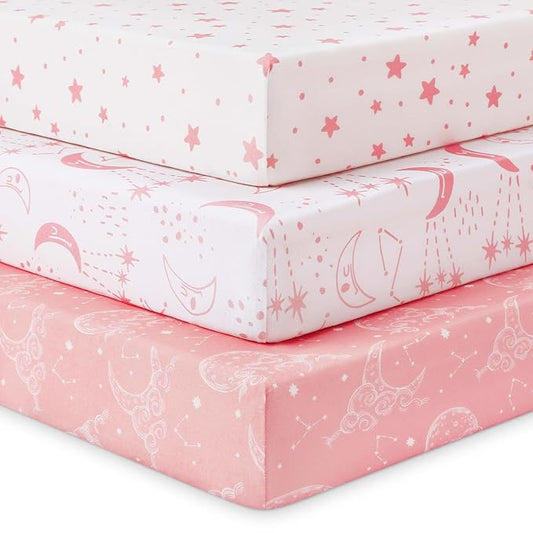Baby Crib Sheets for Boys Girls, Fitted Crib Sheet Neutral 3 Pack for Standard Crib and Toddler Mattress, Breathable Soft Microfiber Baby Sheet 28x52x8in Pink White Moon