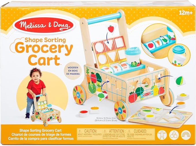 Melissa & Doug Wooden Shape Sorting Grocery Cart Push Toy and Puzzles - Pretend Play Grocery Toys, Sorting and Stacking Toys for Infants and Toddlers Ages 1+ - FSC-Certified Materials