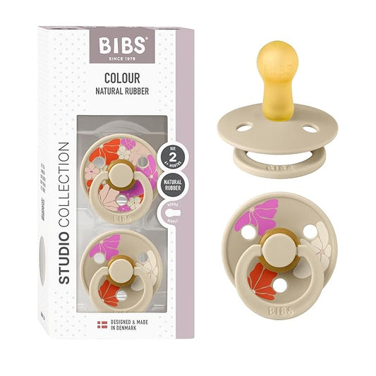 BIBS Pacifiers - Colour Studio 2 Pack | Round Nipple Baby Pacifier | BPA Free Natural Rubber Latex Soother | Made in Denmark | Size 6+ Months | Morning Bloom Vanilla