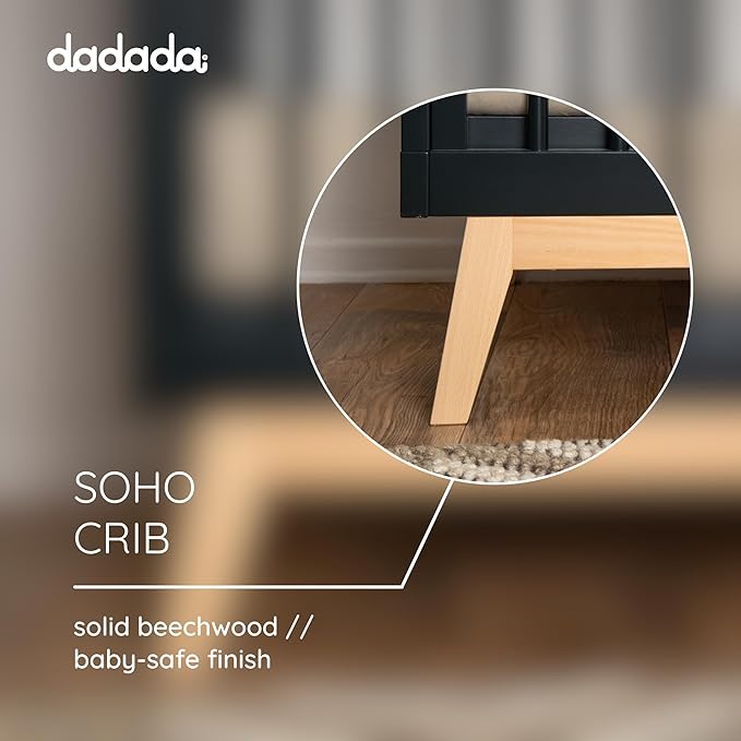 dadada Baby Soho 3 in 1 Convertible Wooden Crib to Toddler Bed - Made in Italy, GREENGUARD Gold Certified, Baby-Safe Finish, Sustainable Beech Wood, Modern Design, 3 Adjustable Heights (Black/Natural)