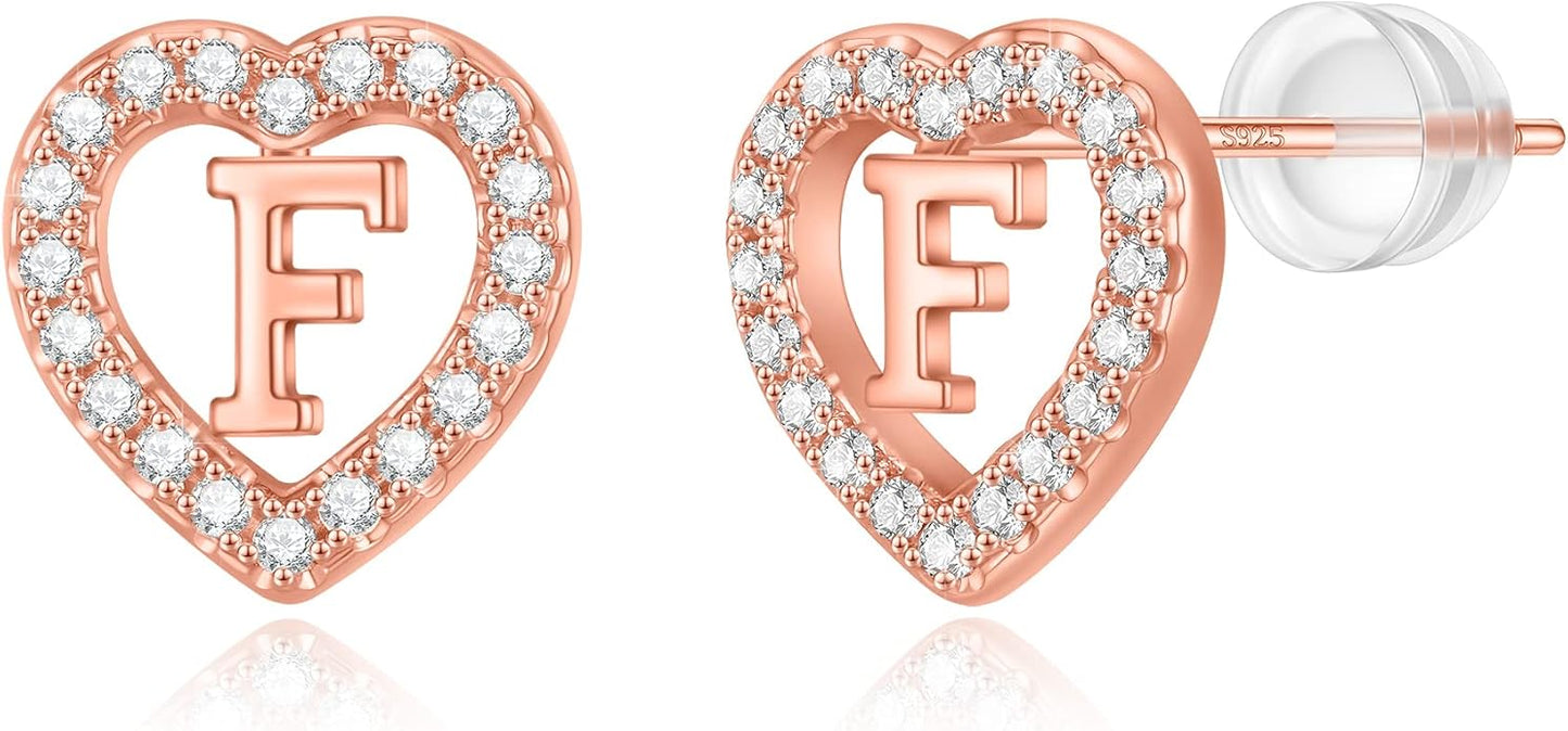 Initial Heart Earrings for Girls, Sterling Silver Post Silver/Rose Gold Heart Initial Stud Earrings for Little Girls Kids Baby Earrings Non Tarnish Hypoallergenic Earrings for Teen Girls Gifts Jewelry