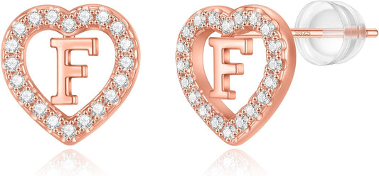 Initial Heart Earrings for Girls, Sterling Silver Post Silver/Rose Gold Heart Initial Stud Earrings for Little Girls Kids Baby Earrings Non Tarnish Hypoallergenic Earrings for Teen Girls Gifts Jewelry