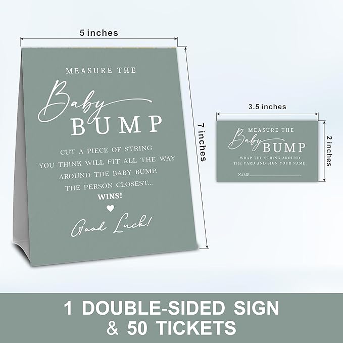 Dark Green Baby Shower Measure The Baby Bump, Measure Mommy's Belly Game Set - 1 Self-Standing Sign And 50 Tickets - Gender Reveal, Baby Shower, Baby Announcement Activity & Party Favor Supplies - A12