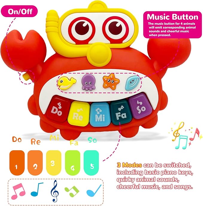 Baby Musical Toys Piano for 2 Year Old Girls Boys Age 2 Light Up Music Learning Toys for Toddlers 3 Easter Gifts Infant Baby 18 Month (Crab)