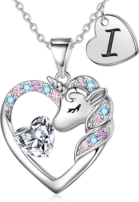 Unicorn Necklace Gifts for Girls Kids - Colorful CZ Heart Initial Necklaces Unicorn Necklace for Girls Jewelry Birthday Gifts for Little Girl Kids