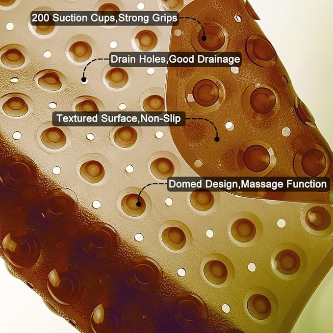 Linoows Bathtub and Shower Mats, Extra Long Non-Slip Bath Tub Mat 39 x 16 Inch, Machine Washable Bathmat with Suction Cups & Drain Holes for Bathroom Floor, Clear Brown