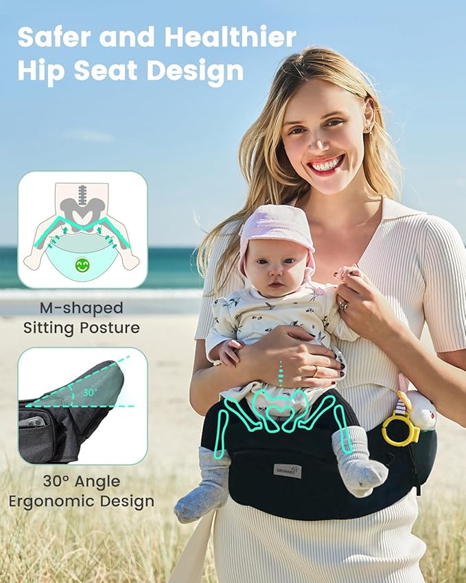 GROWNSY Ultra-Comfy Baby Carrier with Hip Seat, Enhanced Safety, Hands-Free Support for Newborn to Toddler (0-50 lbs), Multiple Pockets, Ergonomic, Adjustable Waistband, Minimalist Design – Black