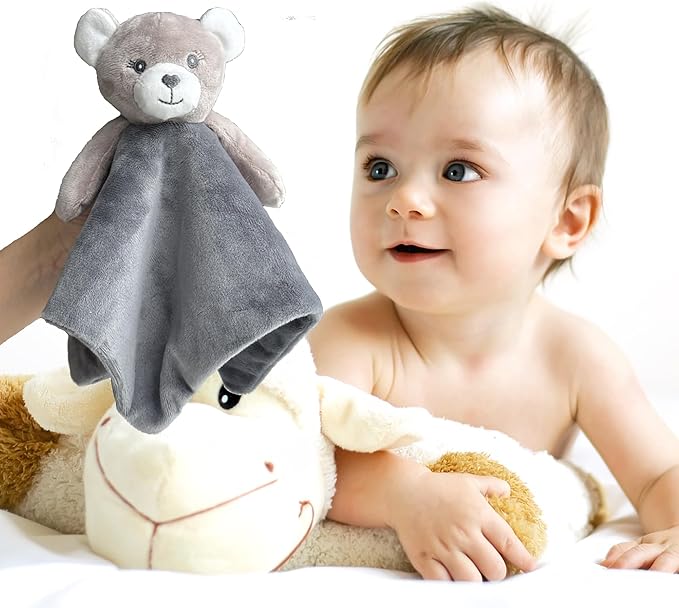 CREVENT Cozy Plush Baby Security Blanket Loveys for Baby Girls Boys, Stuffed Animal Ring Rattle Shaker Toy for Newborns (Bear + Handbell)