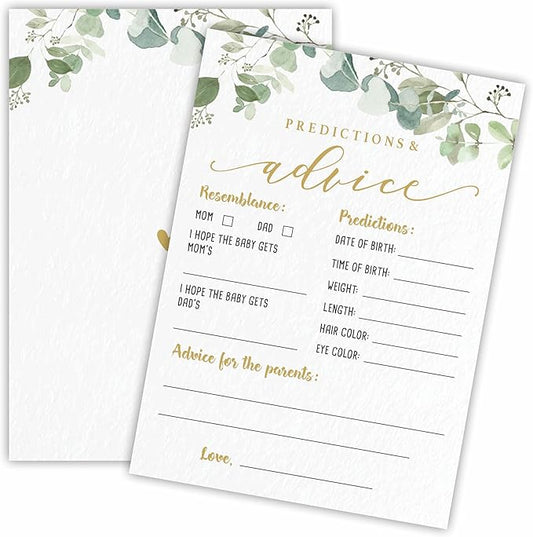 Predictions & Advice Baby Shower Game Cards - Golden Greenery - 30 Double-Sided Fill In Style Game Cards For Gender Reveal, Baby Announcement, Party Games & Activity - D01