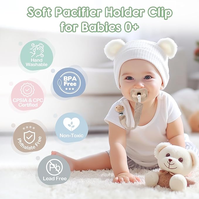 TYRY.HU Ribbon Pacifier Clip Holder,4 Pack Binky Paci Holder Clips, Pacifier Leash for Boys and Girls, Soft Webbing Strap Universal Fits for Most Pacifier, Styles & Teethers(Khaki,Grey,Green,Pink)