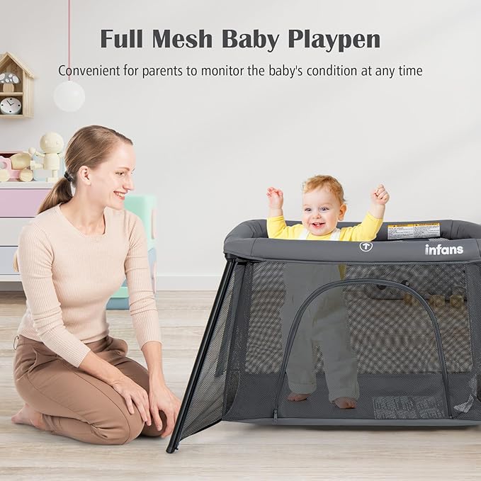 INFANS Travel Crib, Portable Baby Playpen with Removable Bassinet Soft Mattress Carry Bag, Foldable Lightweight Playard Nursery Center for Newborns Toddlers (Dark Gray)