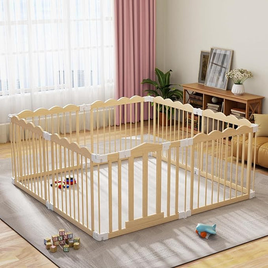 Baby Playpen Natural Wood Playpen for Babies and Toddlers Portable Infant Play pens for Kids Extra Large Toddler Wood Fence Play Area with Suction Cups