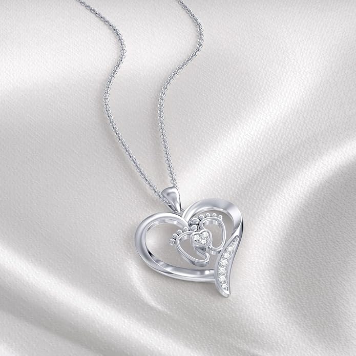Diamond Baby Feet Necklaces for Women 925 Sterling Silver Mother Heart Pendant Baby Footprint Necklace for Mom-to-Be Gifts Diamond Jewelry