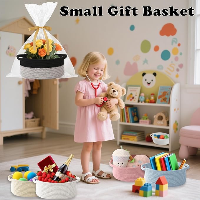 Gift Basket with Gift Bag and Ribbons,Small Rope Woven Shelf Storage,Baskets for Gifts Empty,Birthday,Shower,Decorative Organizer Box for Cat Dog Pet with Handles(Black&Grey)