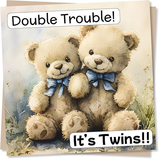 Congratulations Card For New Baby Twins - Double Trouble - Newborn - Funny and Playful - Teddy Bear Design - Birth, Baby Boy, Baby Girl - For New Parents, New Grandparents
