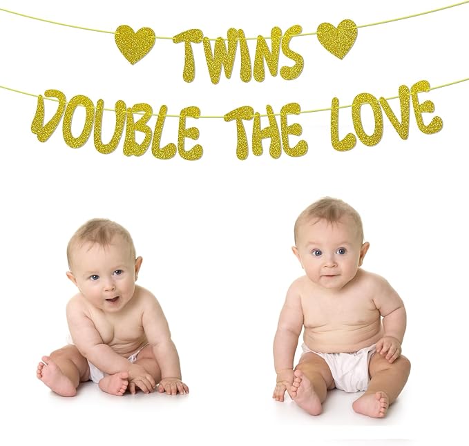 Twins Double The Love Gold Glitter Banner, NO-DIY,Twins Baby Shower/Twins Birthday Party Decorations