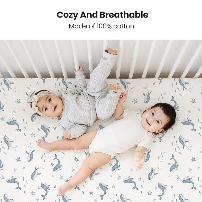 Konssy Muslin Crib Sheets 2 PCS, 100% Cotton Baby Crib Sheets for Standard Crib Mattress (28"x 52"), Soft and Breathable for Boys, Girls (Blue Whale,Blue)