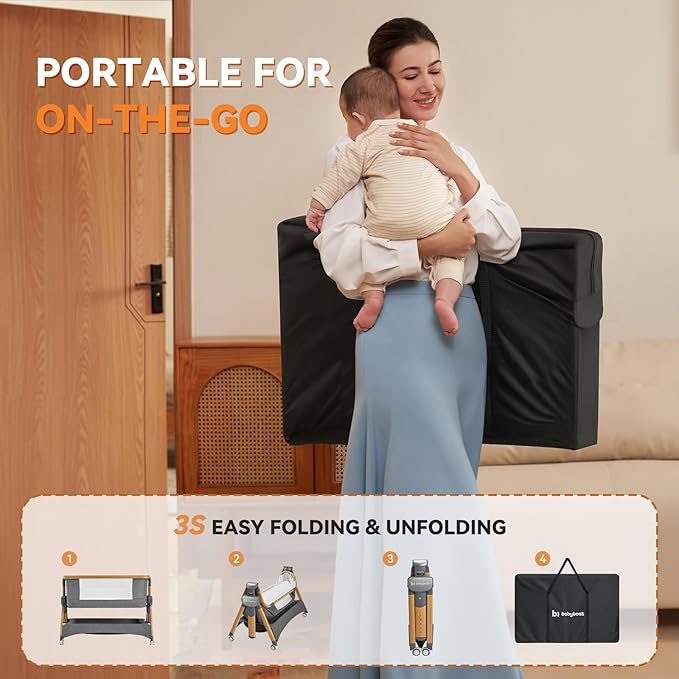Cozy2 Baby Bedside Bassinet Sleeper Portable Travel Bassinet with Bigger Wheels 3 in 1 Bassinet Crib with Mattress, Storage Basket 5 Height Adjustable Bedside Crib for Baby - Wood Grain