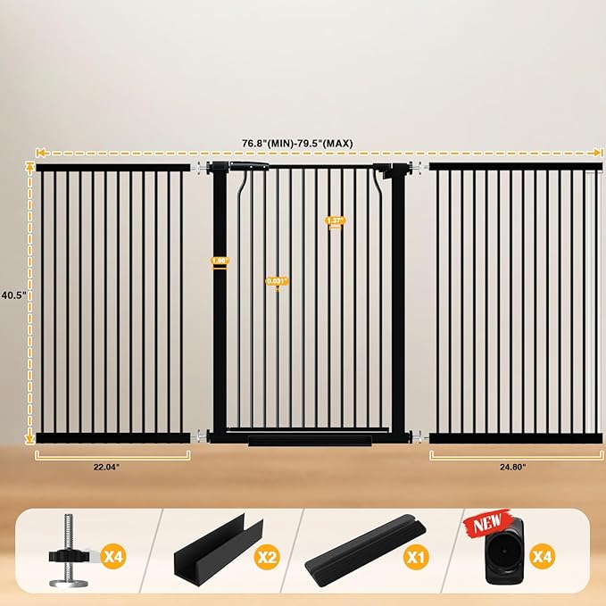 40.5" Tall Baby Gate 76.7-79.5" Wide No Drilling Tall Pet Gate Cat Gate Extra Wide Baby Gate Safety,Extra Narrow Auto-Close for Indoor Stairs, Doorways, and Kitchen