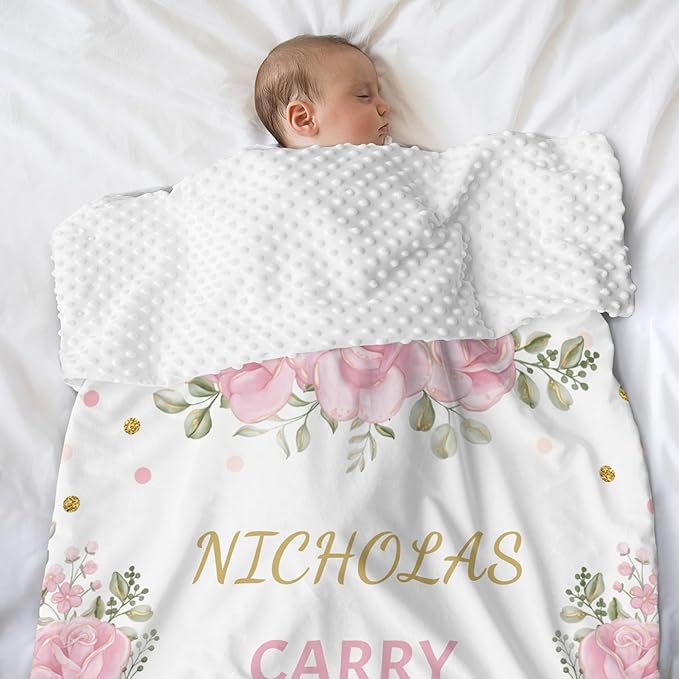 Personalized Baby Blanket for Girls Floral Crown Custom Baby Blankets with Name Dotted Backing Customized Gifts for New Mom Customize Baby Blanket for Kids Newborn Birthday