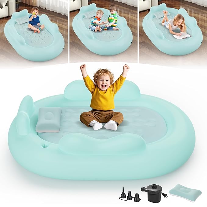 Inflatable Toddler Travel Bed - Blow Up Mattress for Kids with Waterproof Sheet Protector Portable Toddler Bed Baby Air Mattress with 3 Sides, Cozy Kids Air Mattress Set with High-Speed Pump