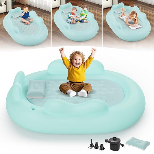 Inflatable Toddler Travel Bed - Blow Up Mattress for Kids with Waterproof Sheet Protector Portable Toddler Bed Baby Air Mattress with 3 Sides, Cozy Kids Air Mattress Set with High-Speed Pump