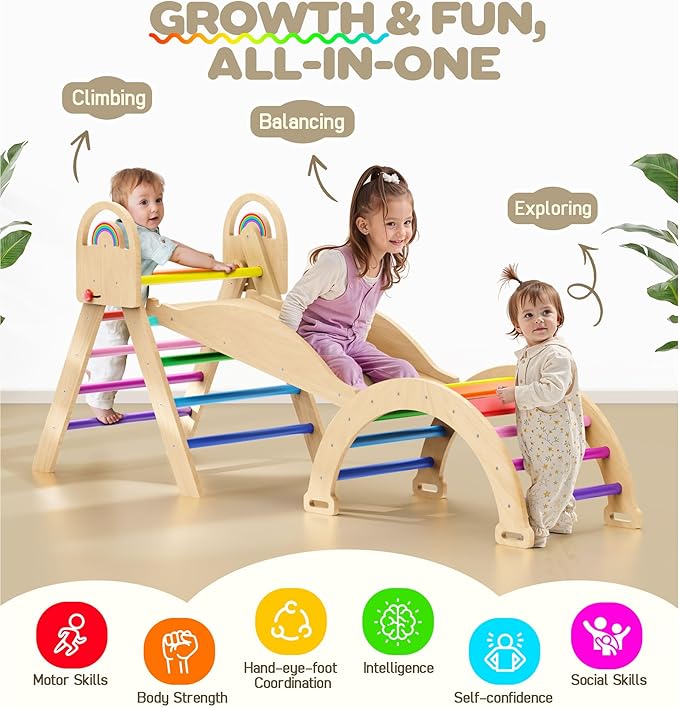 Pikler Triangle Set, 9-in-1 Foldable Wooden Climbing Toy for Toddler 1.8-7Y, Montessori Climber Gifts, Indoor Jungle Gym with Arch&Ramp&Ladder for Kids to Learning Through Playing