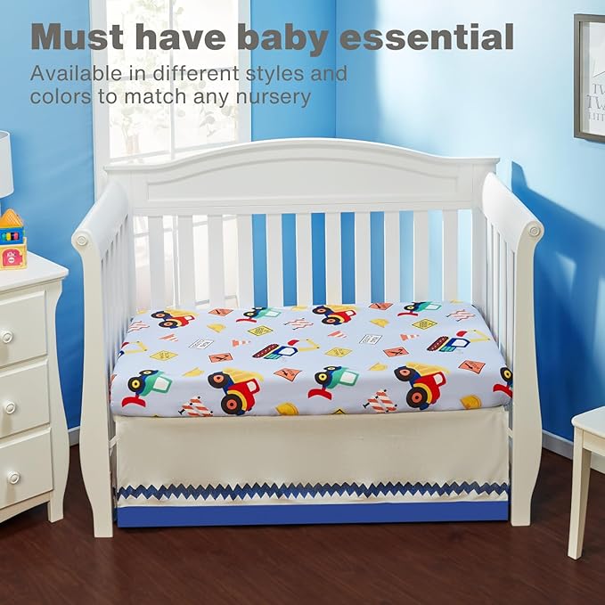 Everyday Kids Baby Boy Fitted Crib Sheet, Under Construction, 100% Soft Breathable Microfiber Baby Sheet, Fits Standard Size Crib Mattress 28in x 52in, Nursery Sheet