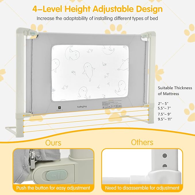 BABY JOY Bed Rails for Toddlers, 59'' Extra Long, Height Adjustable Kids Rail Guard w/Double Safety Lock for Convertible Crib, Folding Baby Bedrail for Twin Double Full Size Queen King Mattress, Gray