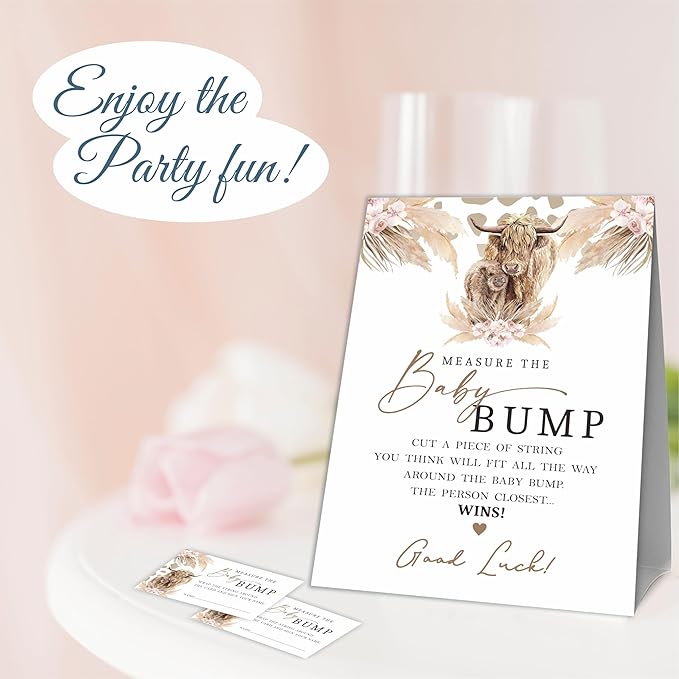 Baby Shower Measure The Baby Bump Game Kit - Boho Holy Cow - 1 Self-Standing Sign & 50 Tickets - How Big Is Mommy's Belly Sign - Gender Reveal Games, Baby Announcement Party Favor & Decorations - A10
