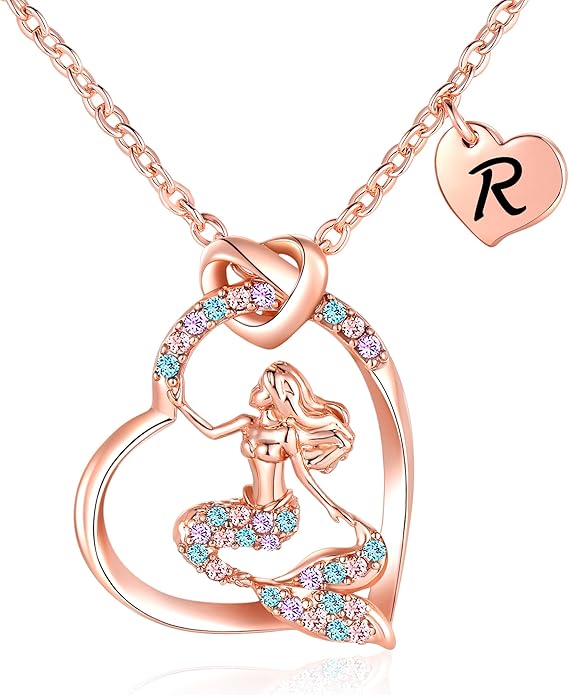 K-Acc 14K Gold-Plated Mermaid Initial Heart Necklace - Gifts for Girls