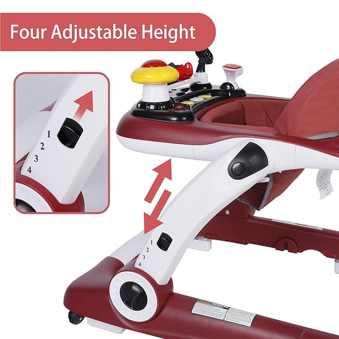 Kinder King Baby Walker with Music & Lights, 5 in 1 Baby Bouncer Activity Walker, Adjustable Height & Seat, Learning-Seated & Toddler Walk-Behind, Safety Bumper, Infant Walker Anti-Rollover, Red