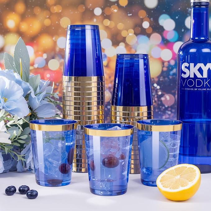 supernal 100 Pcs Blue Plastic Cups,10 Oz Clear Blue Disposable Cups with Gold Trim,Plastic Cocktail/Drink/Bridal Shower/Baby Shower Cups for Party,Wedding and Birthday,Cute Disposable Cup