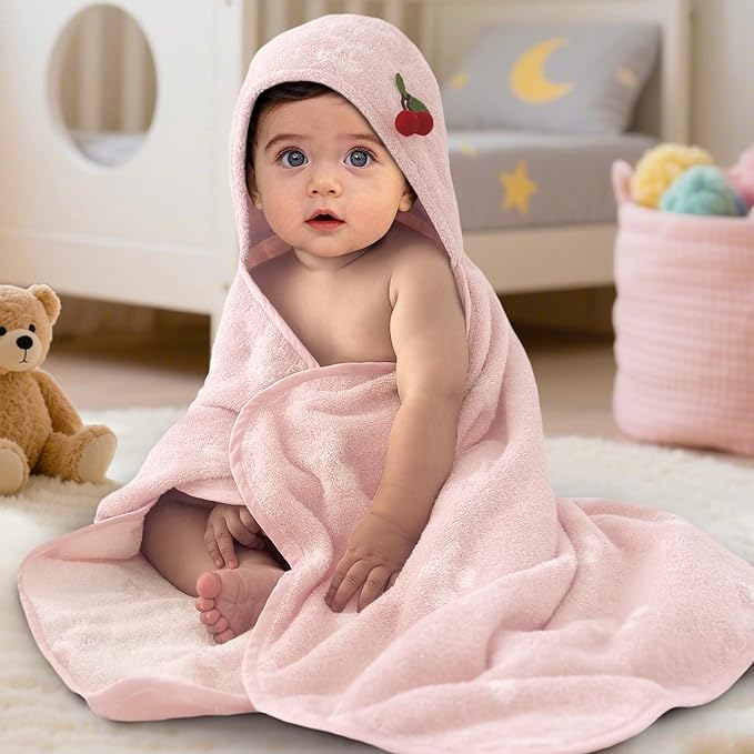 VOOVA & MOVAS Baby Hooded Bath Towel - 100% Cotton,35.5x24 Inches,0-3Years, Super Absorbent Large Towel with Cute Dino Hood for Newborn, Baby, Toddler,Pink Cherry