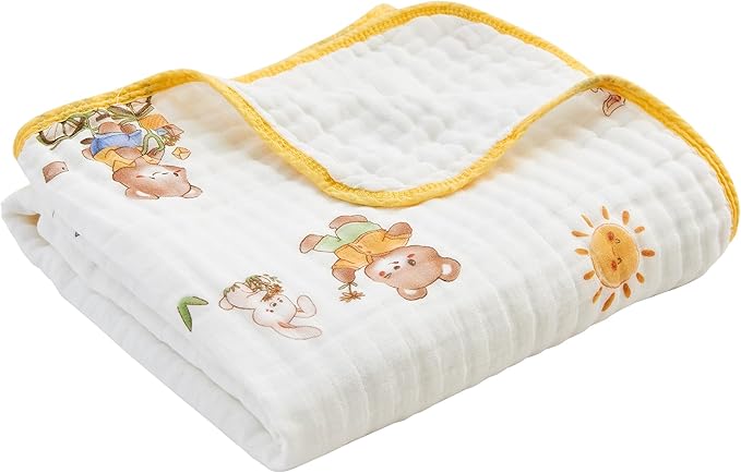 Luxury Muslin Baby Blanket, Cozy Swaddle, 6-Layer Cotton Receiving Blanket for Newborn Infant, 43x43 Inch Lightweight Breathable Crib Blanket, Nursery Stroller Toddler Quilt, Bear Print