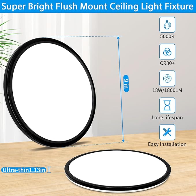 9 Inch LED Flush Mount Ceiling Light 18W, 2700K/3500K/4000K/5000K/6500K Selectable, Dimmable Black Closet Light Fixture Ceiling Mount, 1800lm Super Bright LED Ceiling Light