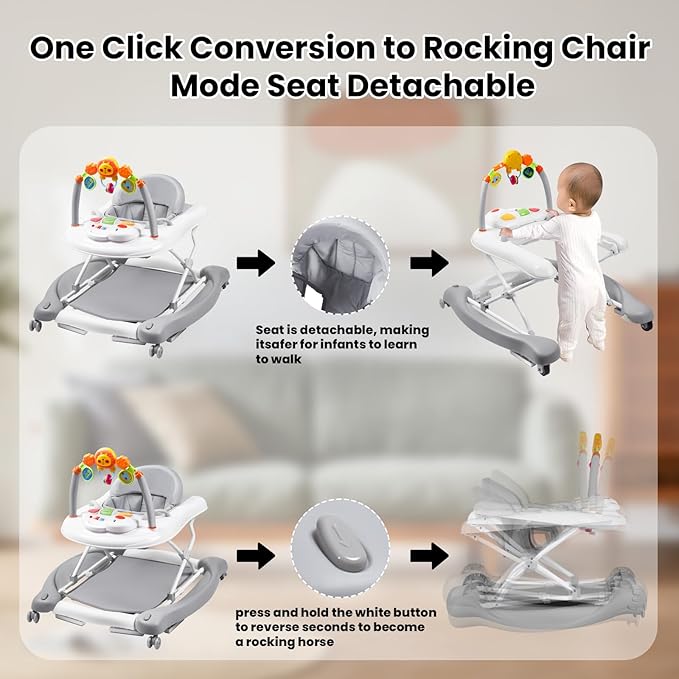 Baby Walker, 5-in-1 Baby Walkers for Boys and Girls 6-12 Months with Bouncer, Removable Footrest, Feeding Tray & Music, Foldable & Adjustable Activity Walker for 6-18 Months Toddler Infant