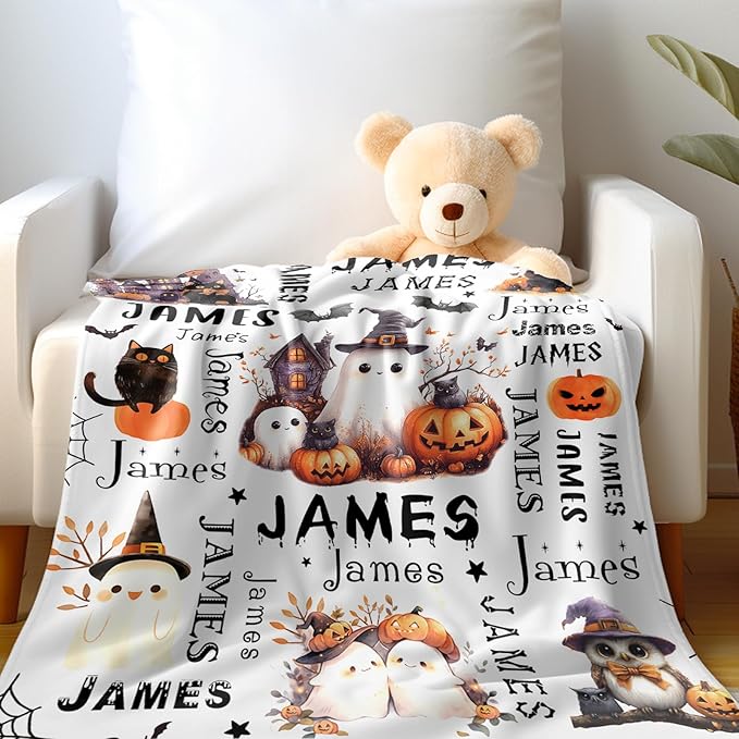 Ship Next Day, Custom Halloween Blanket - Printed in USA, Personalized Baby Blankets with Name, Gift for Kids Girls Boys, Unique Present for Birthday, Christmas, Halloween Bats Toddler Blanket