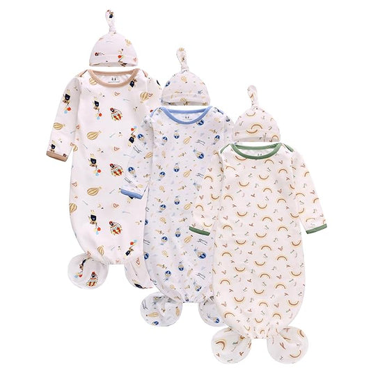 Miracle Baby Newborn Knotted Nightgown Long Sleeve with Matching Hat Set 3 Pack, Unisex Baby Sleeper Gowns Coming Home Outfits Set with Mitten Cuffs for Boys Girls 3-6 Months